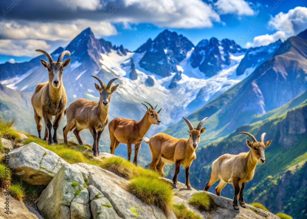 Majestic Carnero mountain goats roam freely in their natural habitat, traversing rugged terrain with agile ease in the Majestic Carnero mountain goats roam freely in their natural habitat, traversing rugged terrain with agile ease in the