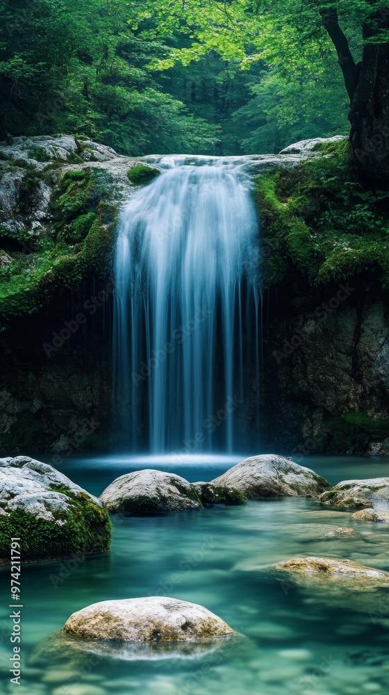 Naklejka premium Serene Cascading Waterfall with Moss-Covered Rocks in a Pristine Forest Setting