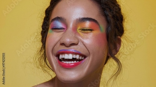 A close-up photo of a laughing young African American woman with colorful make-up generative AI