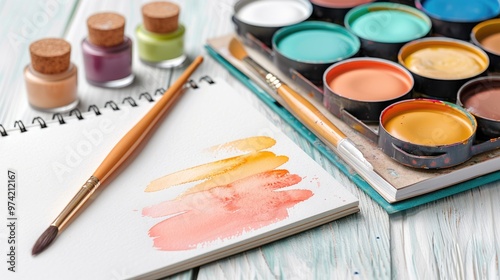 Various hues of watercolor paints displayed with a sketchbook and brush on an artistic surface.