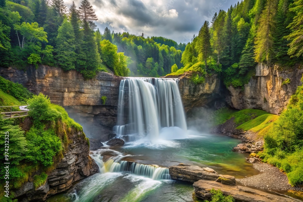 Fototapeta premium Majestic Elk River Falls cascades 50 feet down a rocky cliff, surrounded by lush greenery and mist, in
