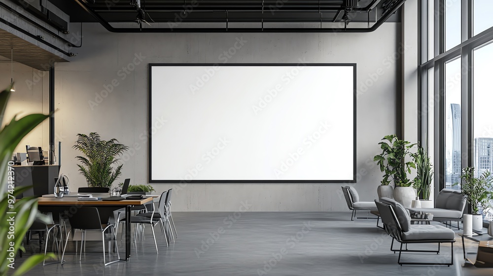 Modern Office Interior with a Large Blank Canvas Wall and Windows Modern Office Interior with a Large Blank Canvas Wall and Windows