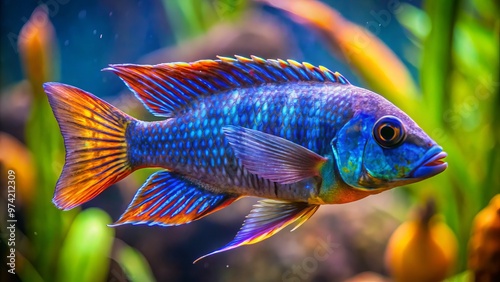 In a peaceful aquarium, a striking peacock cichlid fish thrives, its vibrant blue scales and flowing fins creating