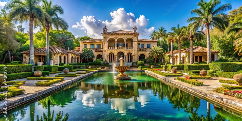 Fototapeta premium Majestic European-inspired estate with intricately carved stone structures, lush gardens, and tranquil water features,