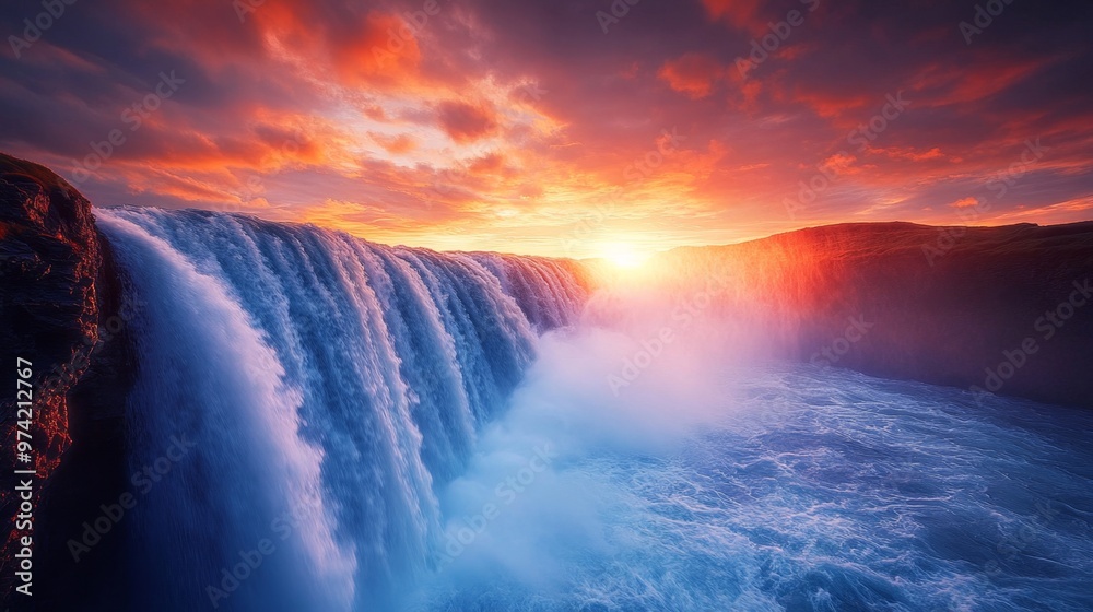 Fototapeta premium Majestic Waterfall in Rocky Gorge under Glowing Sunset Sky