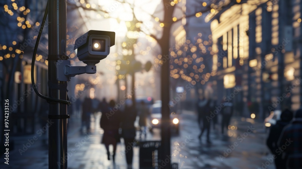 A street scene with a camera on a pole A street scene with a camera on a pole