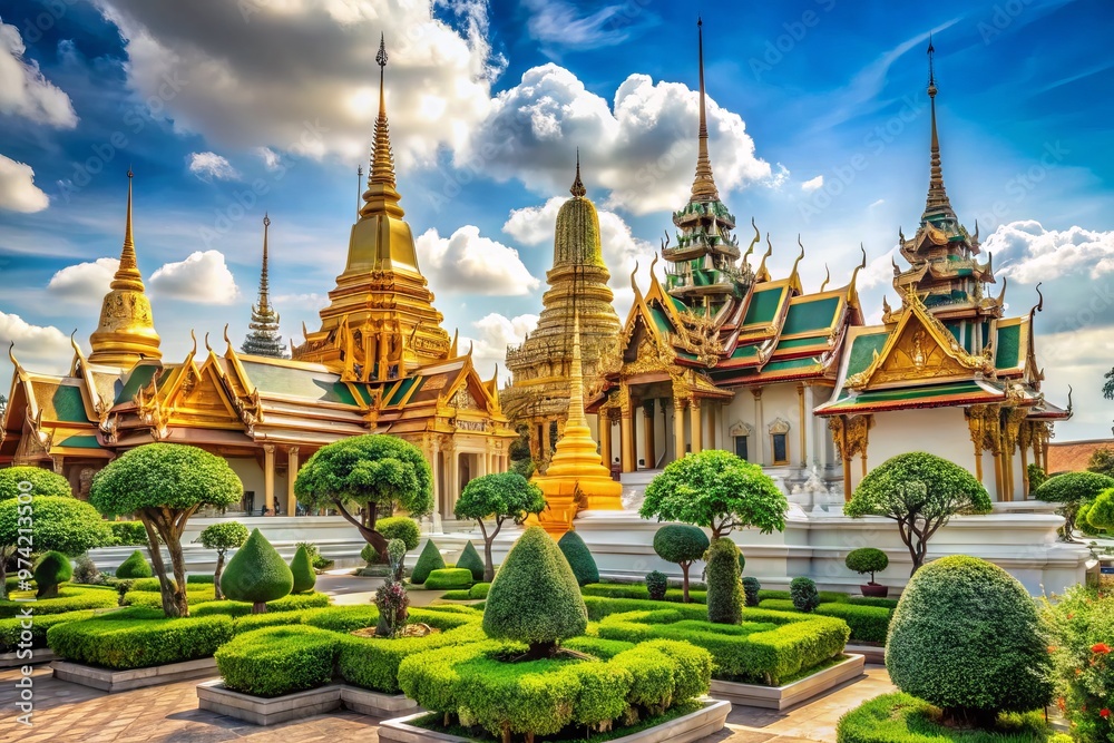Fototapeta premium Majestic golden Buddhist temple complex with ornate carvings, intricate stucco, and towering stupas set amidst lush