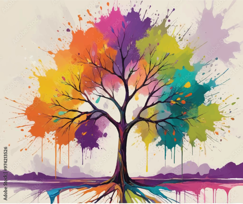 Watercolor big tree painting with splash, Colorful Tree of Life Adobe Illustrator Artwork