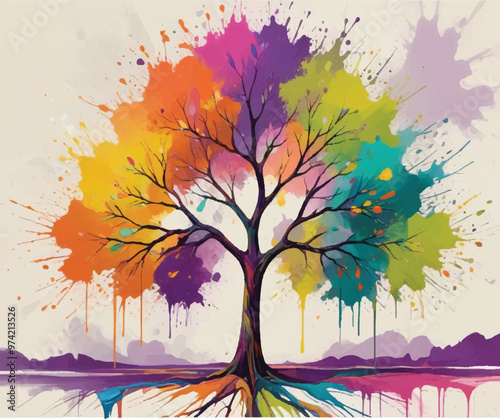 Watercolor big tree painting with splash, Colorful Tree of Life Adobe Illustrator Artwork