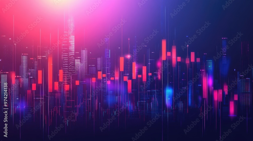Abstract cityscape with glowing lines and bars in pink and blue. Abstract cityscape with glowing lines and bars in pink and blue.