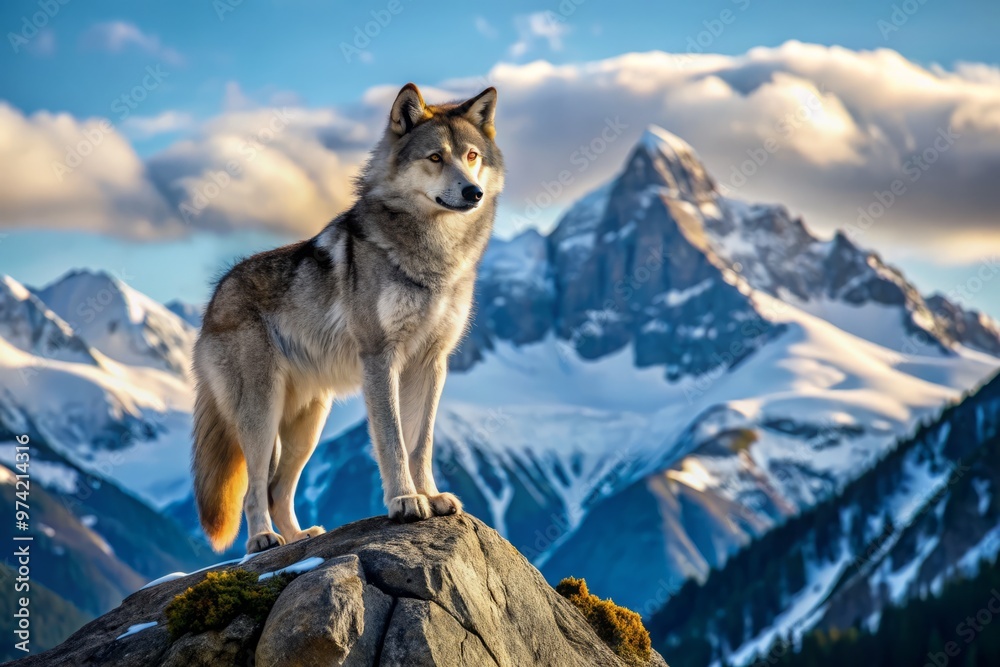 Fototapeta premium Majestic gray Alaskan wolf stands atop a rocky outcropping, ears perked, gazing out at a vast, snow-capped mountain