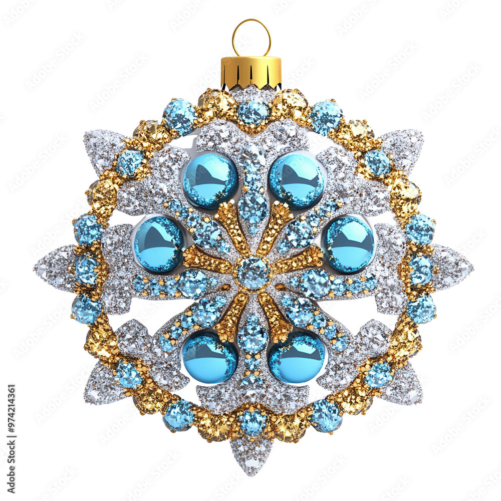 A beautiful ornate holiday ornament featuring sparkling blue and gold designs, perfect for festive decorations and winter celebrations. A beautiful ornate holiday ornament featuring sparkling blue and gold designs, perfect for festive decorations and winter celebrations.