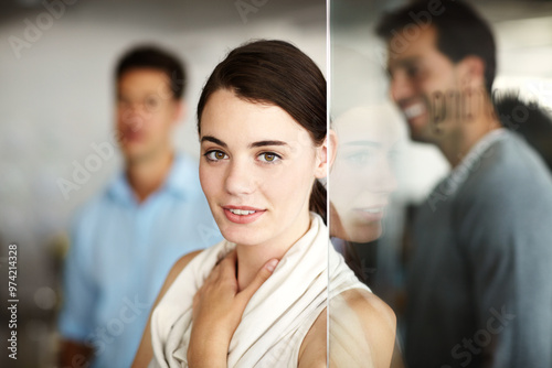 Portrait, pride and businesswoman with smile in office, professional career and planning for startup. Female designer and thoughts by colleagues for creative agency, occupation and glass reflection