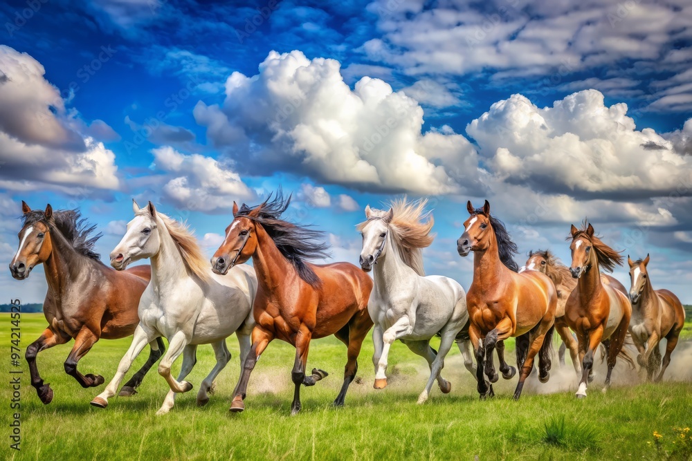 Majestic herd of horses in various breeds and coat colors galloping freely in a lush green meadow under Majestic herd of horses in various breeds and coat colors galloping freely in a lush green meadow under