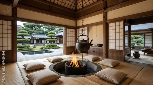 Edo-Era Charm: Rustic Japanese Kitchen with Irori and Garden Serenity