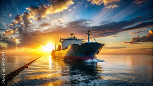 Majestic liquefied natural gas carrier vessel navigates through calm waters, its sleek hull and cargo tanks gleaming in photo