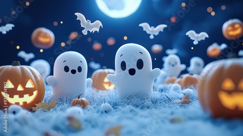 Ghostly Pranks: Spectral Characters Haunting a Vibrant Halloween Party under the Moonlit Sky - 3D Illustration, Generative AI