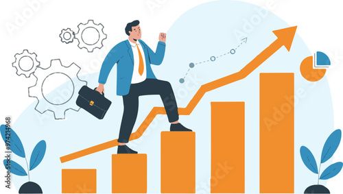 a man with a briefcase is running, walks, climbing up a graph that says success financial growth Global economy, money and business