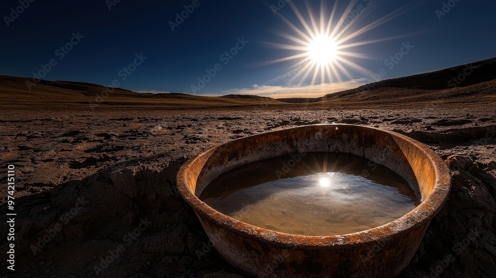Fototapeta premium Rusty Water Trough in Desert Landscape with Sunburst