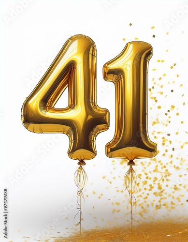 Gold birthday / anniversary balloon, number 41, white background with confetti