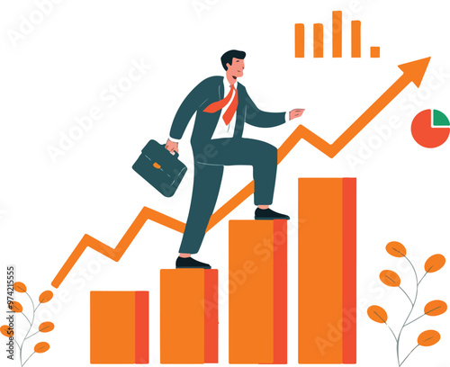 a man with a briefcase is running, walks, climbing up a graph that says success financial growth Global economy, money and business