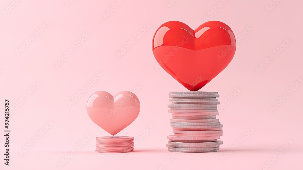 Two 3D heart shapes on top of stacks of coins. The heart on the larger stack of coins is red and the heart on the smaller stack is pink. The hearts are on a pink background. Two 3D heart shapes on top of stacks of coins. The heart on the larger stack of coins is red and the heart on the smaller stack is pink. The hearts are on a pink background.