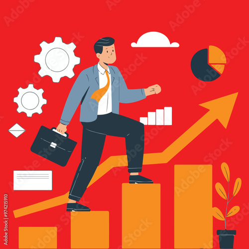 a man with a briefcase is running, walks, climbing up a graph that says success financial growth Global economy, money and business