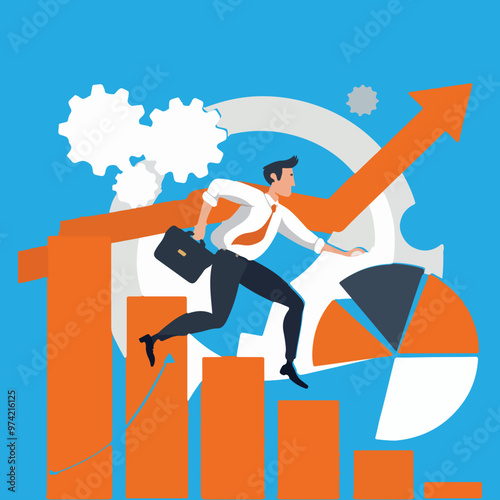 a man with a briefcase is running, walks, climbing up a graph that says success financial growth Global economy, money and business