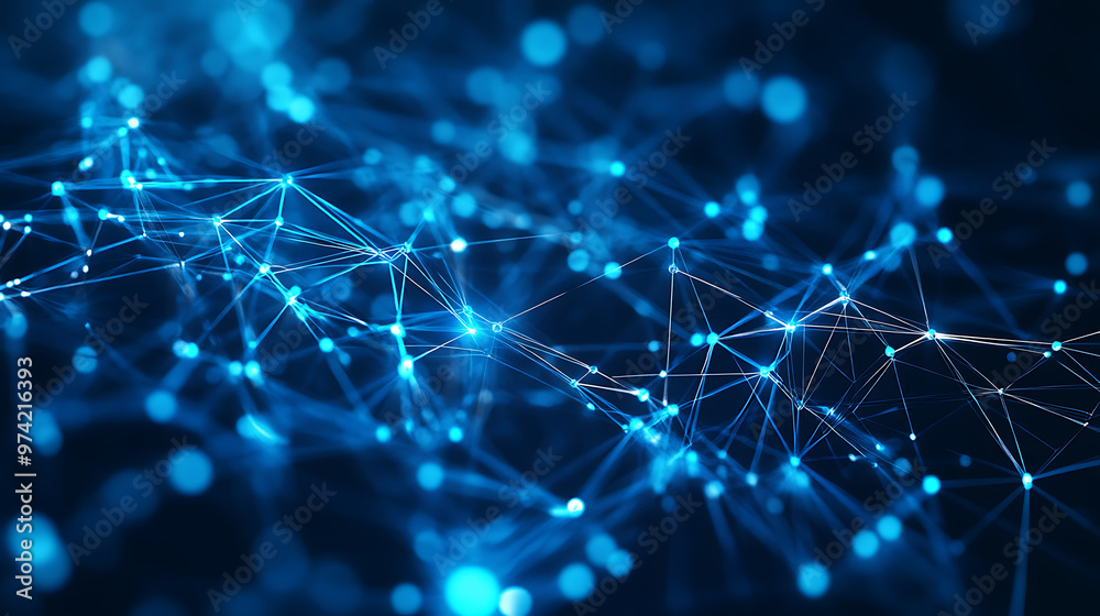 Minimalistic network of glowing blue nodes and lines forming abstract geometric shapes, dark blue background, high-tech digital connections, futuristic feel Minimalistic network of glowing blue nodes and lines forming abstract geometric shapes, dark blue background, high-tech digital connections, futuristic feel