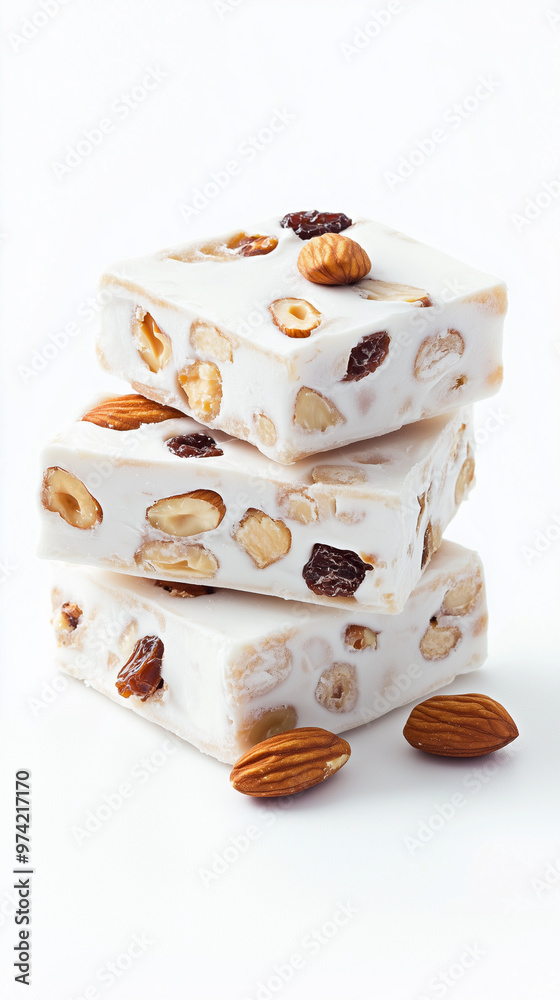  White nougat bar with different  nuts isolated on white