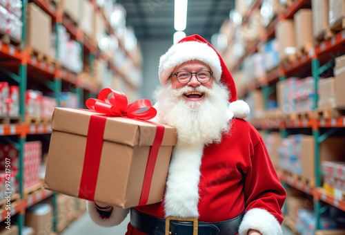 Santa Claus with a gift box in his hands smiles at the gift warehouse against the background of shelves with boxes photo