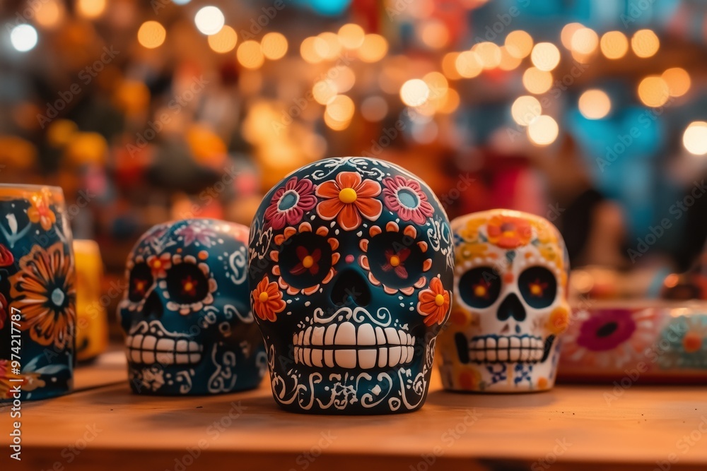 Colorful handcrafted sugar skulls to celebrate Day of the Dead with small warm lights in the background Colorful handcrafted sugar skulls to celebrate Day of the Dead with small warm lights in the background