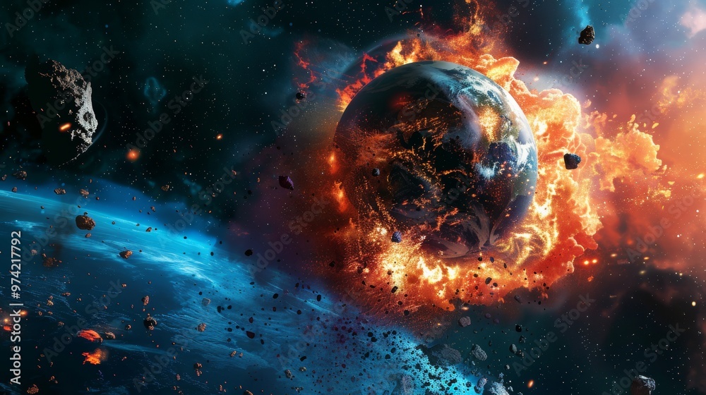 Obraz premium Cataclysmic Explosion of Planets in Dramatic Cosmic Chaos and Fiery Interstellar Debris Field