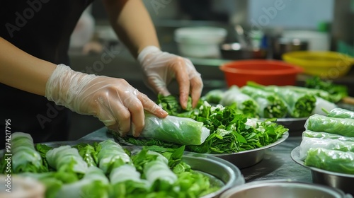 Fresh spring rolls being assembled in a Vietnamese kitchen