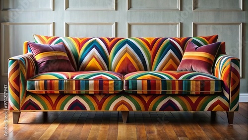 Richly toned 1970s-style velvet sofa boasts a bold, geometric pattern in a kaleidoscope of colors, evoking a playful photo