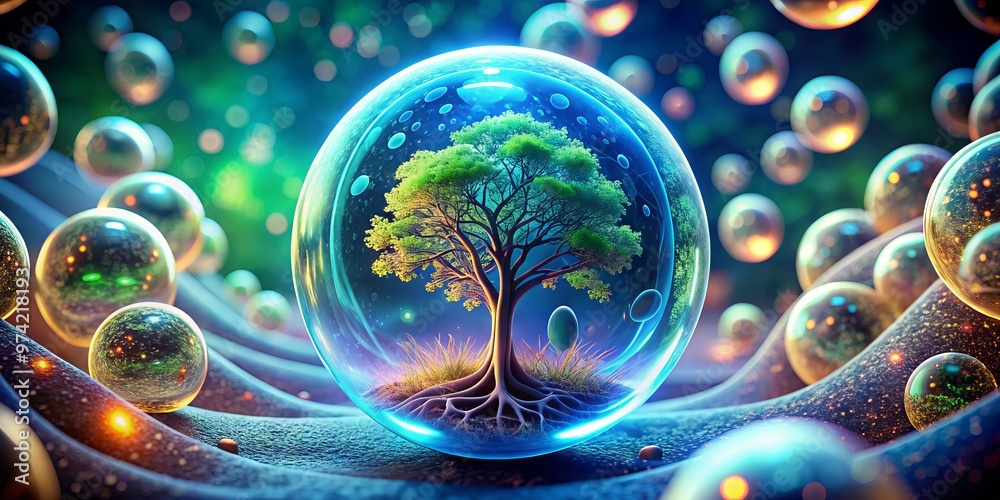 Microscopic view of a cell membrane with a vibrant, glowing image of a tree reflected within its transparent Microscopic view of a cell membrane with a vibrant, glowing image of a tree reflected within its transparent
