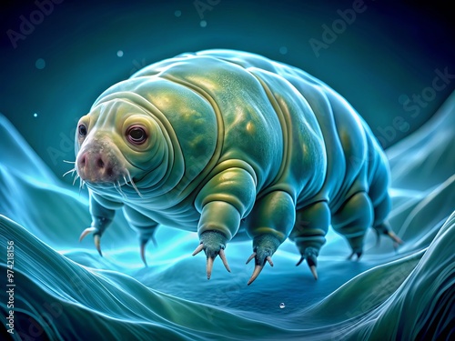 Microscopic tardigrade, also known as water bear, floats serenely in a drop of water, its eight legs and photo