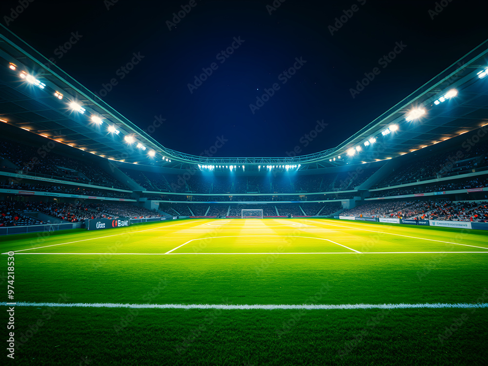 Sports Stadium with Green Grass Field and Blue Spotlights, Nighttime Splendor, Sports tournament, world championship Photography. Generative AI. Sports Stadium with Green Grass Field and Blue Spotlights, Nighttime Splendor, Sports tournament, world championship Photography. Generative AI.