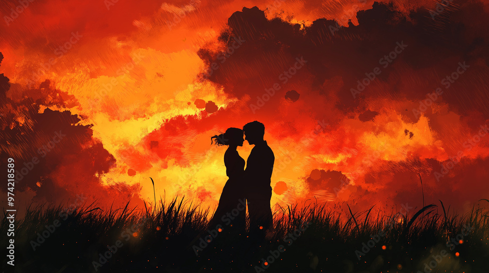 Fototapeta premium Couples Embracing on a Hill During Fiery Sunset, Digital Art, Romantic Evening Landscape, Loving Embrace, Colorful Skies, Passionate Moment Illustration