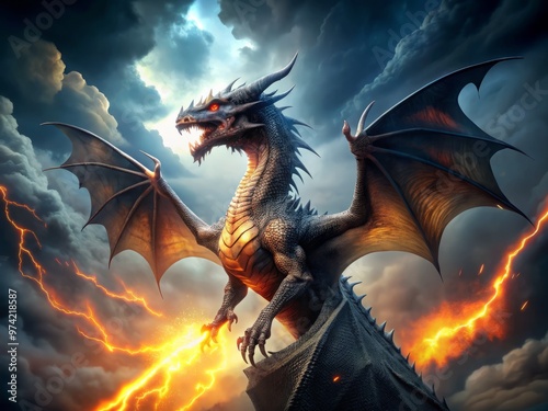 Mighty mythical dragon creature with scales, wings, and fiery breath, set against a dark stormy background with photo