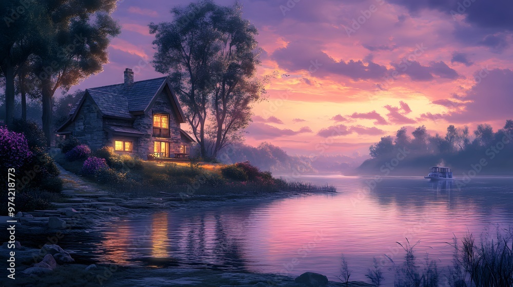 Fototapeta premium Scenic house near a quiet river, bathed in a pink and purple sunset sky, the calm water reflecting the soft colors of the horizon, peaceful and reflective mood, warm, ambient light creating a serene
