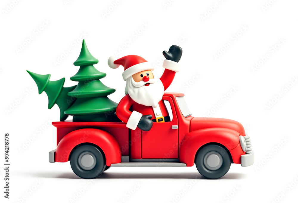 Santa Claus is driving a Christmas tree on a red pickup truck ,3D, cartoon Santa Claus is driving a Christmas tree on a red pickup truck ,3D, cartoon