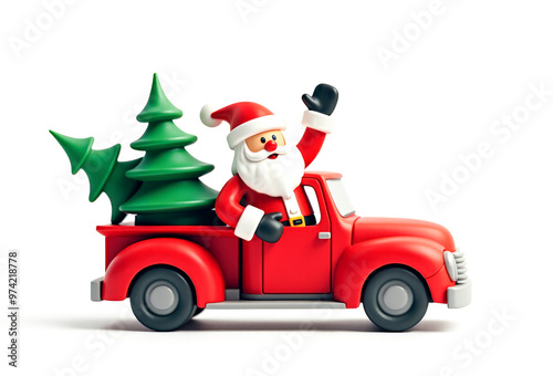 Santa Claus is driving a Christmas tree on a red pickup truck ,3D, cartoon