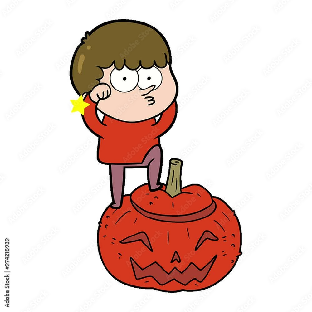 cartoon boy climbing huge pumpkin cartoon boy climbing huge pumpkin