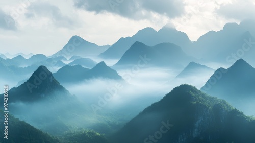 Majestic mountain peaks in Vietnam, shrouded in morning mist