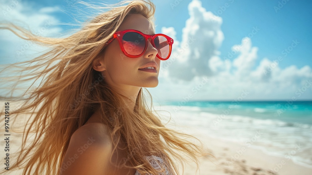A confident woman in a summer dress stands on a sunny beach, reflecting summer's essence. A confident woman in a summer dress stands on a sunny beach, reflecting summer's essence.