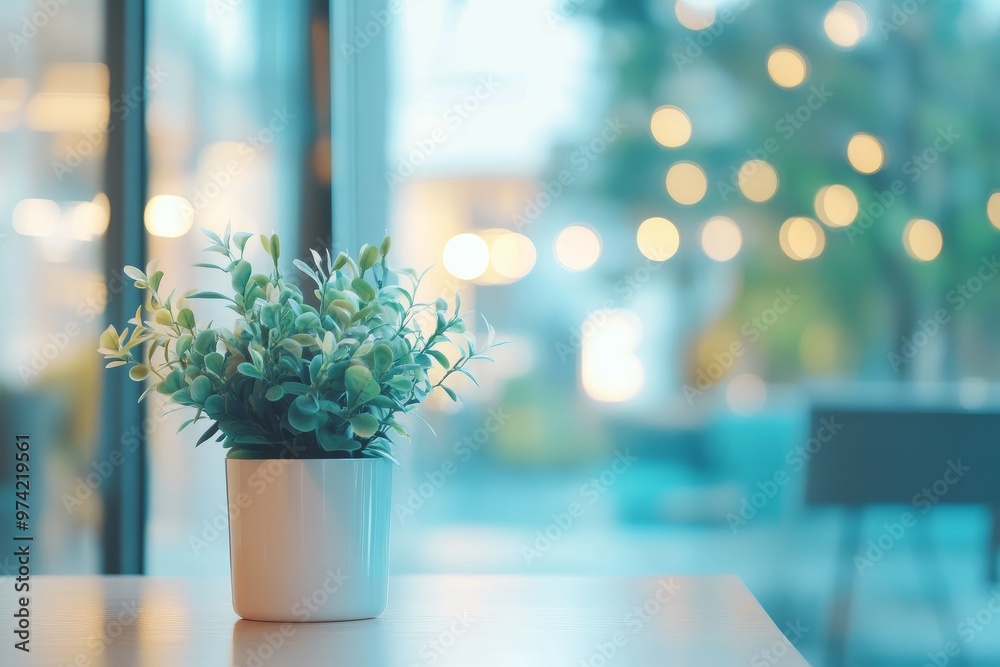 Fototapeta premium Blurred background of a modern office interior with a blurred glass window and plants on the table, creating a light bokeh effect.