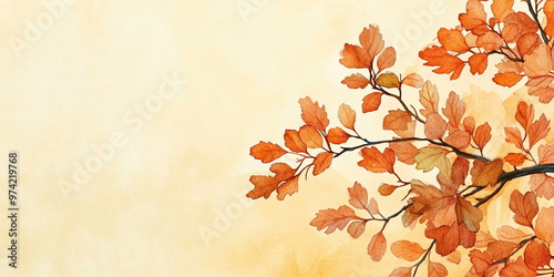 Top view of brown oak autumn leaves on branches on pastel yellow orange background with copy space for text