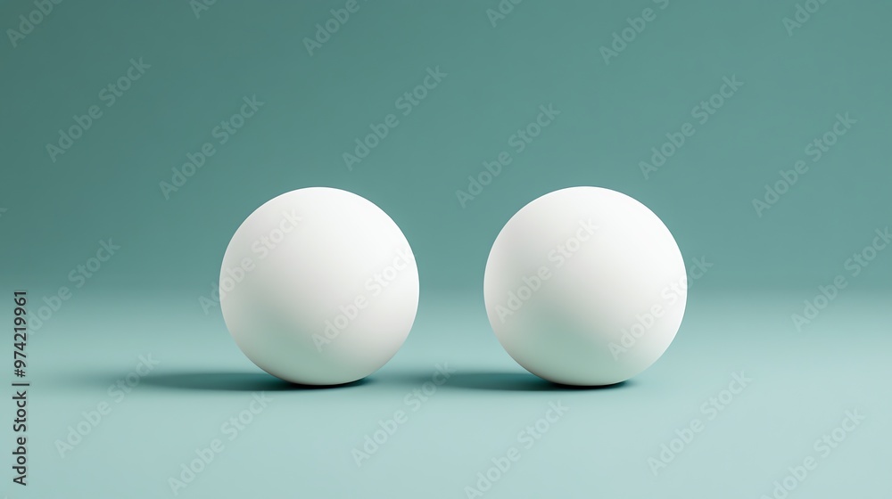 Two White Spheres Resting on a Teal Surface Two White Spheres Resting on a Teal Surface