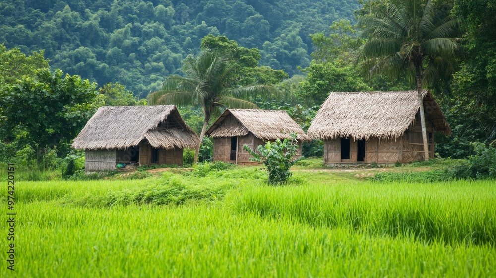 Peaceful rural landscape in Vietnam, with simple thatched-roof houses Peaceful rural landscape in Vietnam, with simple thatched-roof houses